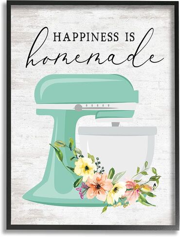 Stupell Industries Happiness is Homemade Phrase Floral Kitchen Stand Mixer, Designed by Lettered and Lined Black Framed Wall Art, 11 x 14, Multi-Color in Saudi Arabia