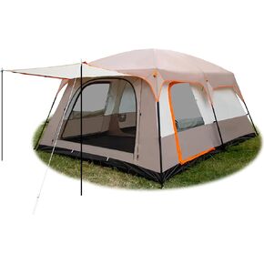 KTT Extra Large Tent 12 Person,Family Cabin Tents,2 Rooms,3 Doors and 3 Windows with Mesh,Straight Wall,Waterproof,Double Layer,Big Tent for Outdoor,Picnic,Camping,Family Gathering(Light Brown)