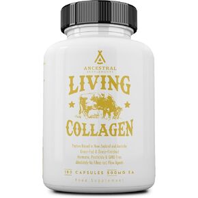 Ancestral Supplements Grass Fed Beef Living Collagen Nutritional Powder Supplement, 3000mg, Promotes Healthier, Younger Looking Skin, Hair, Nails and Joints, Types I,II,III,V, and X, 180 Capsules
