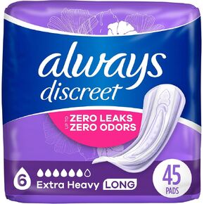 Always Discreet Adult Extra Heavy Long Incontinence Pads, Up to 100% Leak-Free Protection, White 45 Count