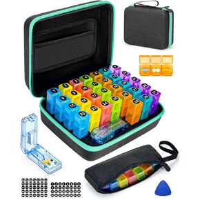 Monthly pill organizer 3 times a days , FRIWOLE medicine organizer box with Portable Hard Shell and pill cutter , 31 day pill box with monthly and weekly stickers