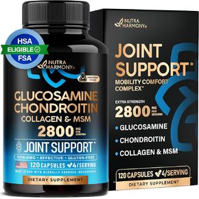 NUTRAHARMONY Glucosamine Chondroitin with Collagen & MSM - Joint Support Supplement - Cartilage Support, Flexibility & Strength - Made in USA Vitamins - Gluten Free - 2800mg, 120 Capsules