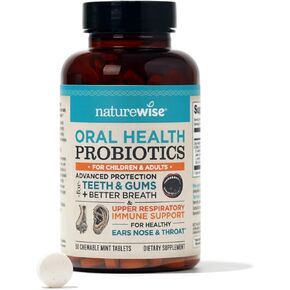 NatureWise Oral Health Chewable Probiotics | Supports Healthy Teeth, Gums, & Better Breath | Ear, Nose, Throat Immunity for Kids & Adults | Sugar-Free Natural Mint Flavor [2 Month Supply - 50 Tablets]