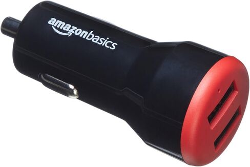 Amazon Basics 24W Two-Port USB-A Car Charger for Phones (iPhone 15/14/13/12/11/X, Samsung, and more), non-PPS, Black/Red in Kuwait