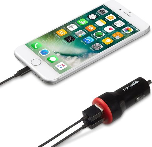 Amazon Basics 24W Two-Port USB-A Car Charger for Phones (iPhone 15/14/13/12/11/X, Samsung, and more), non-PPS, Black/Red in Kuwait