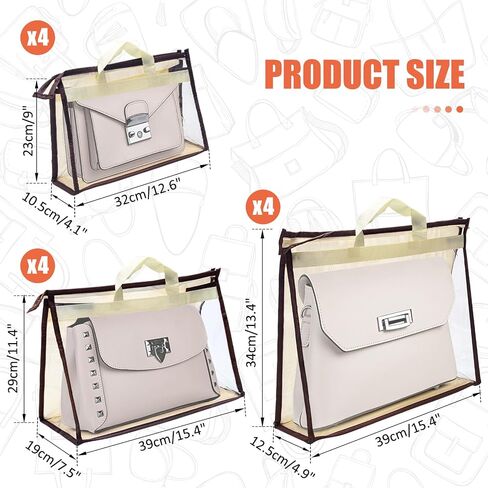 12pcs Dust Bags for Handbags,Clear Purse Storage Bags for Women,3 Size Purse Organizer Purse Cover Hanging Closet Organizer with Zipper-Gray in Kuwait