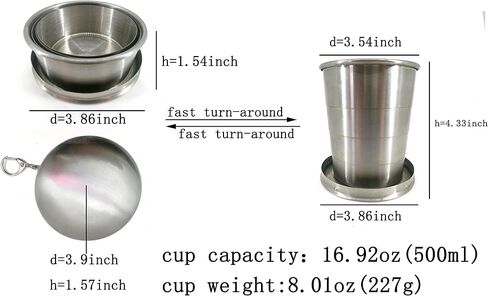 ultra-large type 16.92OZ(500ml) Folold cup folding fork spoon Stainless Steel Camping Mug Camping Folding Cup Portable Outdoor Travel Demountable Collapsible Cup with Keychain Folding bowl。 in Saudi Arabia