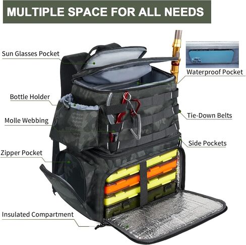 MATEIN Fishing Backpack, Tackle Storage Bag with Rod Holders & Cooler | Water Resistant Fishing Bag Fits 4 3600 Trays, Large Wide Open Tackle Box Backpack, Gifts for Fishermen in Kuwait