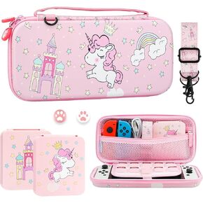 RHOTALL Case Compatible with Nintendo Switch & Switch OLED, 3 in 1 Carrying Case with Game Case, Shoulder Strap, Cute Protective Hard Portable Travel Shell Pouch for Switch Accessories (Unicorn Pink)