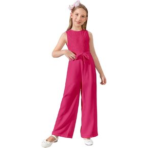 WDIRARA Girl's Lace Round Neck Sleeveless Belted Wide Leg Jumpsuit Pants