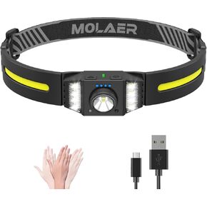LED Headlamp Rechargeable 2PCS, Wide Beam Bright Headlight Flashlight with White Red Light, Lightweight, Weatherproof, 9 Modes Motion Sensor Head Lamp for Outdoor Camping Running