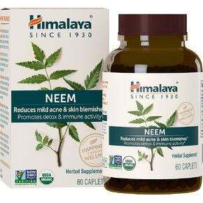 Himalaya Organic Neem Herbal Skin Supplement, Mild Acne Supplement, Clear Skin, Purifying, Ayurvedic, USDA Certified Organic, Non-GMO, Vegan, 600 mg, 60 Plant-Based Caplets, 60 Day Supply