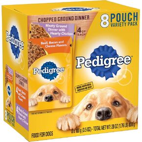 PEDIGREE CHOPPED GROUND DINNER طعام الكلاب الرطب الناعم للبالغين، مجموعة متنوعة من 8 قطع، أكياس 3.5 أونصة (عبوة من قطعتين) in Kuwait