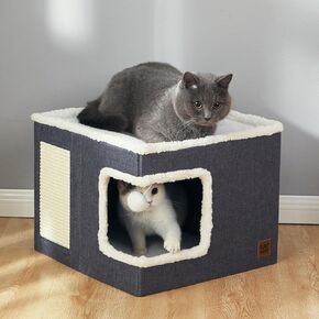 CATBOAT Cat Bed for Indoor Cats Cube House, Covered Cat Cave Beds & Furniture with Scratch Pad and Hideaway Tent, Cute Modern Cat Condo for Multi Small Pet Large Kitten Kitty, Grey