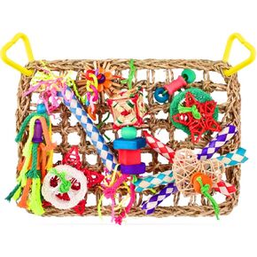 KATUMO Bird Toys, Bird Foraging Wall Toy, Edible Seagrass Woven Climbing Hammock Mat with Colorful Chewing Toys, Suitable for Lovebirds, Finch, Parakeets, Budgerigars, Conure, Cockatiel