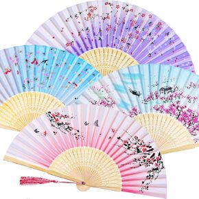 Zonon Handheld Floral Folding Fans Hand Held Fans Silk Bamboo Fans with Tassel Women's Hollowed Bamboo Hand Holding Fans for Women and Men (Pink, Purple, 2 Sky Blue)