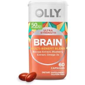 OLLY Ultra Strength Brain Softgels, Nootropic, Supports Healthy Brain Function, Memory, Focus and Concentration, Omega-3s, Vitamins B6 and B12, 30 Day Supply - 60 Count