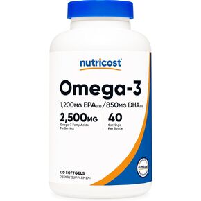 Nutricost Omega 3 Fish Oil - 2500MG, 120 Softgels (40 Serv) - Triple-Strength Fish Oil, Wild Caught! 1200mg EPA 910mg DHA - Non-GMO, Gluten Free