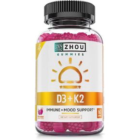 Zhou Nutrition Vitamin D3 K2, Bone and Heart Health Formula 5000 IU Vitamin D3 & 90 mcg Vitamin K2, Max Strength 2 in 1 Immune Support and Calcium Absorption, Gluten Free, 60 Count