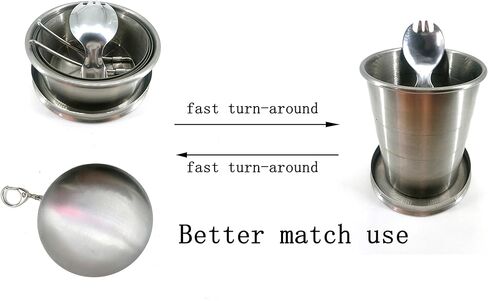 كوب كبير جدًا 16.92 أونصة (500 مل) كوب قابل للطي وملعقة شوكة من الفولاذ المقاوم للصدأ للتخييم كوب قابل للطي قابل للحمل في الهواء الطلق والسفر وقابل للطي مع وعاء قابل للطي بسلسلة مفاتيح. in Kuwait