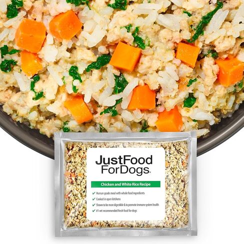 طعام الكلاب الطازج المجمد من JustFoodForDogs، وجبة كاملة أو طعام للكلاب، وصفة الدجاج والأرز الأبيض، 18 أونصة (عبوة من 21 قطعة) in Kuwait