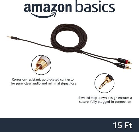 Amazon Basics 3.5mm Stereo Aux to 2 RCA Audio Cable Adapter for Sound, Connecting Amplifiers, Speakers, Smartphone, Tablet with Gold-Plated Plugs, 4 Feet/1.2 m, Black in Kuwait