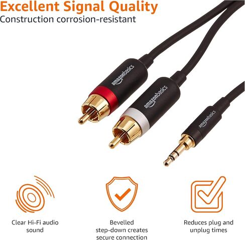 Amazon Basics 3.5mm Stereo Aux to 2 RCA Audio Cable Adapter for Sound, Connecting Amplifiers, Speakers, Smartphone, Tablet with Gold-Plated Plugs, 4 Feet/1.2 m, Black in Kuwait