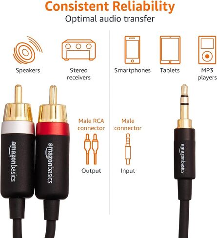 Amazon Basics 3.5mm Stereo Aux to 2 RCA Audio Cable Adapter for Sound, Connecting Amplifiers, Speakers, Smartphone, Tablet with Gold-Plated Plugs, 4 Feet/1.2 m, Black in Kuwait