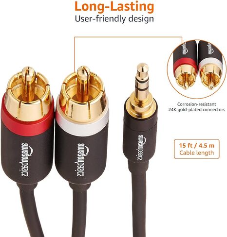 Amazon Basics 3.5mm Stereo Aux to 2 RCA Audio Cable Adapter for Sound, Connecting Amplifiers, Speakers, Smartphone, Tablet with Gold-Plated Plugs, 4 Feet/1.2 m, Black in Kuwait