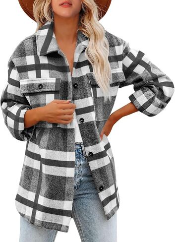 Lviefent Womens Casual Wool Blend Plaid Flannel Shackets Jacket Button Down Shirt Coat in Kuwait