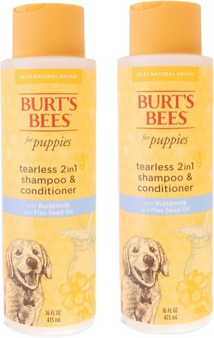 Burt's Bees for Pets Puppies Natural Tearless 2 in 1 Shampoo and Conditioner | Made with Buttermilk and Linseed Oil | Best Tearless Puppy Shampoo for Gentle Skin and Coat | Made in USA, 16 Oz in Saudi Arabia