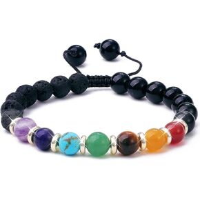 Anxiety Spiritual Stress Relief Fidget Chakra Healing Crystals Beaded Bracelets Mindfulness Meditation Essential Oils Accessories Gifts for Women Men (Lava Stone Chakra, Spiritual Chakra, 7.5inch)