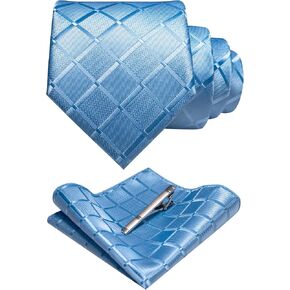 JEMYGINS Solid Color Mens Plaid Tie and Pocket Square with Tie Clip Sets