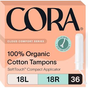 Cora Organic Applicator Tampons | Light/Regular Absorbency | 100% Cotton Core, Unscented, BPA-Free Compact Applicator | Leak Protection, Easy Insertion, Non-Toxic (72 Tampons)