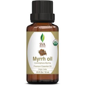 SVA Organics Myrrh Essential Oil Organic 10 ml 100% Pure USDA Certified Natural Premium Therapeutic Grade for Skin, Young Glowing Face, Hair, Personal Care, and Aromatherapy Massage