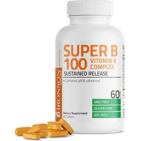 Bronson Vitamin B 100 Complex High Potency Sustained Release (Vitamin B1, B2, B3, B6, B9 - Folic Acid, B12), 250 Tablets