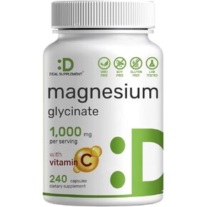 Magnesium Glycinate 500mg Per Capsule (1000mg Per Serving) Plus Vitamin C, 240 Capsules – 100% Chelated for Absorption – Essential Mineral Supplement for Muscle, Mood, Sleep, & Heart Health