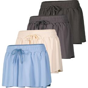 Real Essentials 4 Pack: Womens Flowy Dry Fit Running Short - Gym Yoga Workout Summer Shorts (Available in Plus Size)
