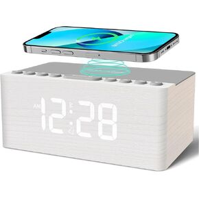 ANJANK Wooden Sound Machine Alarm Clock for Bedroom, Bluetooth Speaker, Wireless Charging Station for iPhone/Samsung, Sleep Timer, 0-100% Dimmer, White Noise Machine for Sleeping Adults with 20 Sounds