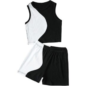Verdusa Girl's 2 Piece Workout Outfit Colorblock Crop Tank Top and Short Sets