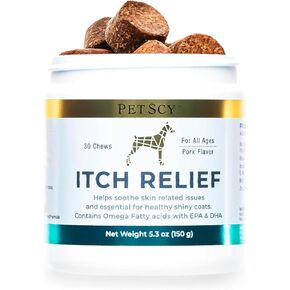 PetScy - تخفيف حكة الكلاب بالأحماض الدهنية، EPA، DHA، وأوميغا للكلاب، دعم غذائي مضاد للحكة للكلاب، مضغ لتخفيف الحكة لجميع الأعمار، نكهة لحم الخنزير، 30 قطعة مضغ