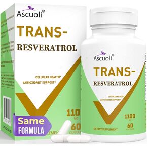 99% Ultra Purity Ascuoli Trans-Resveratrol 1100mg, 3-in-1 Advanced Formula Organic Resveratrol Supplement, Max Antioxidant Anti-Aging, Skin Health, Cell Repair Boost NAD+, Immune & Energy, 120 Capsule