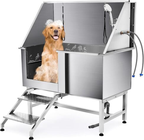 SNUGENS 50" Dog Washing Grooming Station for Home, Professional Stainless Steel Pet Dog Bathtub for Large Dogs, Dog Shower Tub, Dog Wash Sink, Pet Bathing Station with Sprayer Stairs 260 lb. Capacity in Saudi Arabia