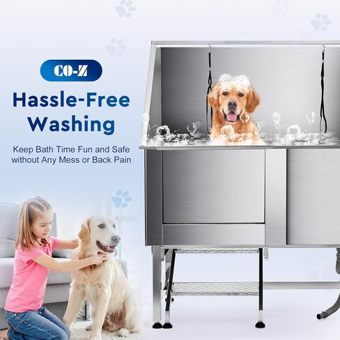 SNUGENS 50" Dog Washing Grooming Station for Home, Professional Stainless Steel Pet Dog Bathtub for Large Dogs, Dog Shower Tub, Dog Wash Sink, Pet Bathing Station with Sprayer Stairs 260 lb. Capacity in Saudi Arabia