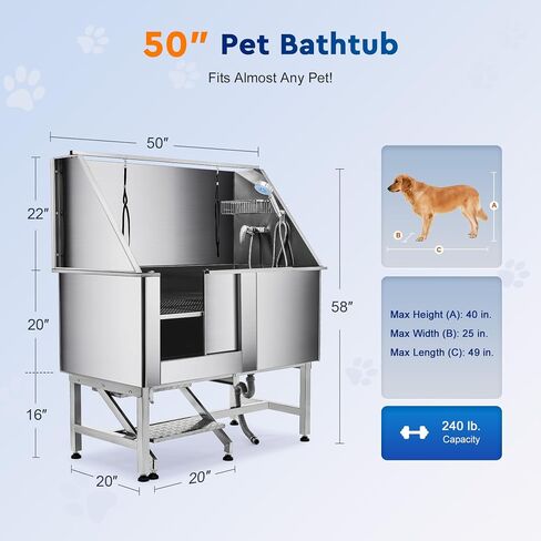 SNUGENS 50" Dog Washing Grooming Station for Home, Professional Stainless Steel Pet Dog Bathtub for Large Dogs, Dog Shower Tub, Dog Wash Sink, Pet Bathing Station with Sprayer Stairs 260 lb. Capacity in Saudi Arabia