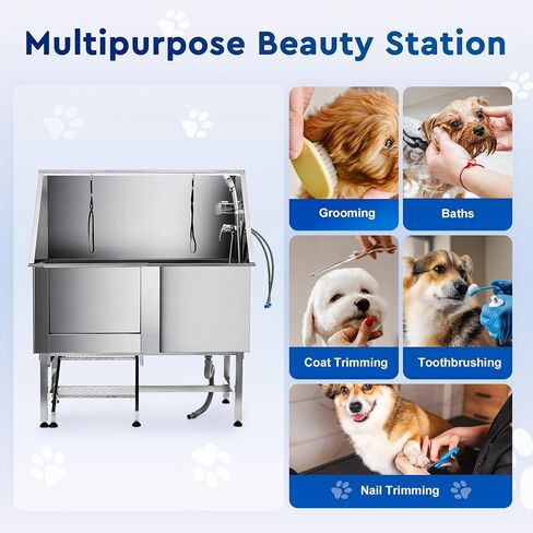 SNUGENS 50" Dog Washing Grooming Station for Home, Professional Stainless Steel Pet Dog Bathtub for Large Dogs, Dog Shower Tub, Dog Wash Sink, Pet Bathing Station with Sprayer Stairs 260 lb. Capacity in Saudi Arabia