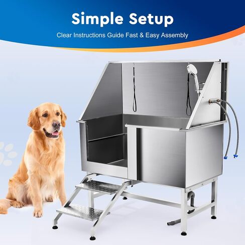 SNUGENS 50" Dog Washing Grooming Station for Home, Professional Stainless Steel Pet Dog Bathtub for Large Dogs, Dog Shower Tub, Dog Wash Sink, Pet Bathing Station with Sprayer Stairs 260 lb. Capacity in Saudi Arabia