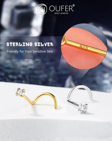 OUFER 925 Sterling Silver Nose Stud, Bone L Screw Shaped Nose Rings, 20G Nostril Solid 2mm Round CZ Nose Piercing Jewelry for Women Men in Kuwait