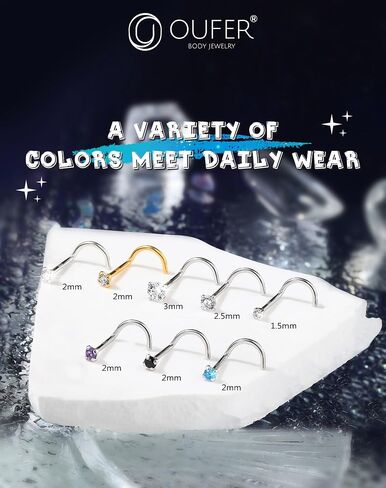 OUFER 925 Sterling Silver Nose Stud, Bone L Screw Shaped Nose Rings, 20G Nostril Solid 2mm Round CZ Nose Piercing Jewelry for Women Men in Kuwait
