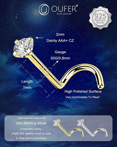 OUFER 925 Sterling Silver Nose Stud, Bone L Screw Shaped Nose Rings, 20G Nostril Solid 2mm Round CZ Nose Piercing Jewelry for Women Men in Kuwait